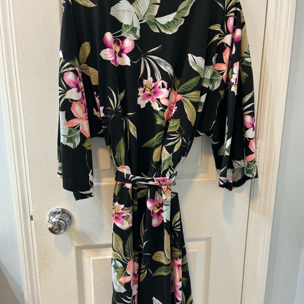 Black Floral Robe with Pink & Green Accents